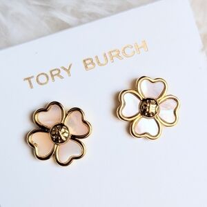 TORY BURCH Mother of Pearl Four Heart Flower Logo Stud Earrings